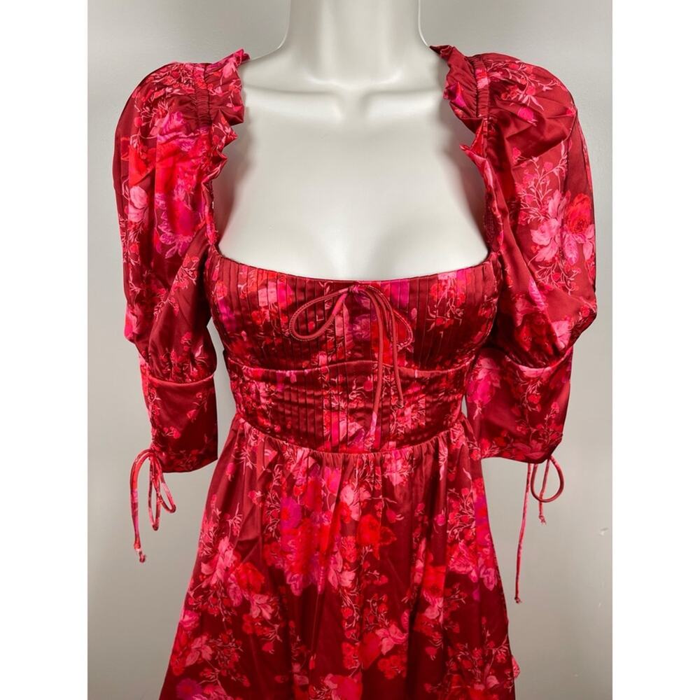 FOR LOVE & LEMONS Alia Floral Puff Sleeve Tie Back Red Mini Dress Size XS - Picture 5 of 9